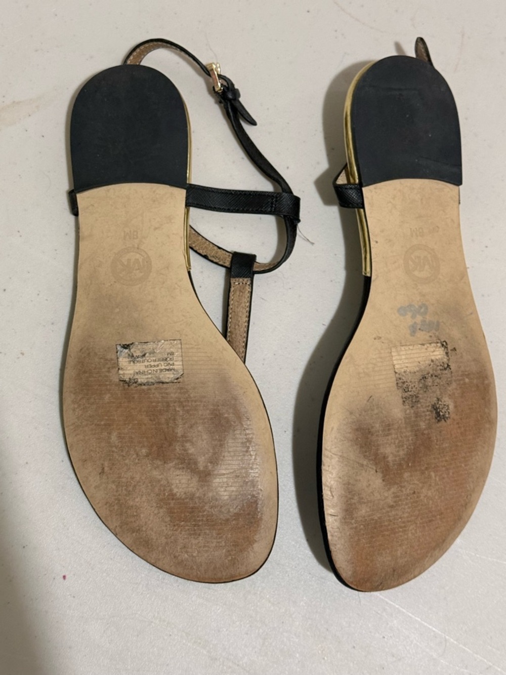MICHAEL Michael Kors Black and Gold T-Strap Flat Sandals - Picture 2 of 4